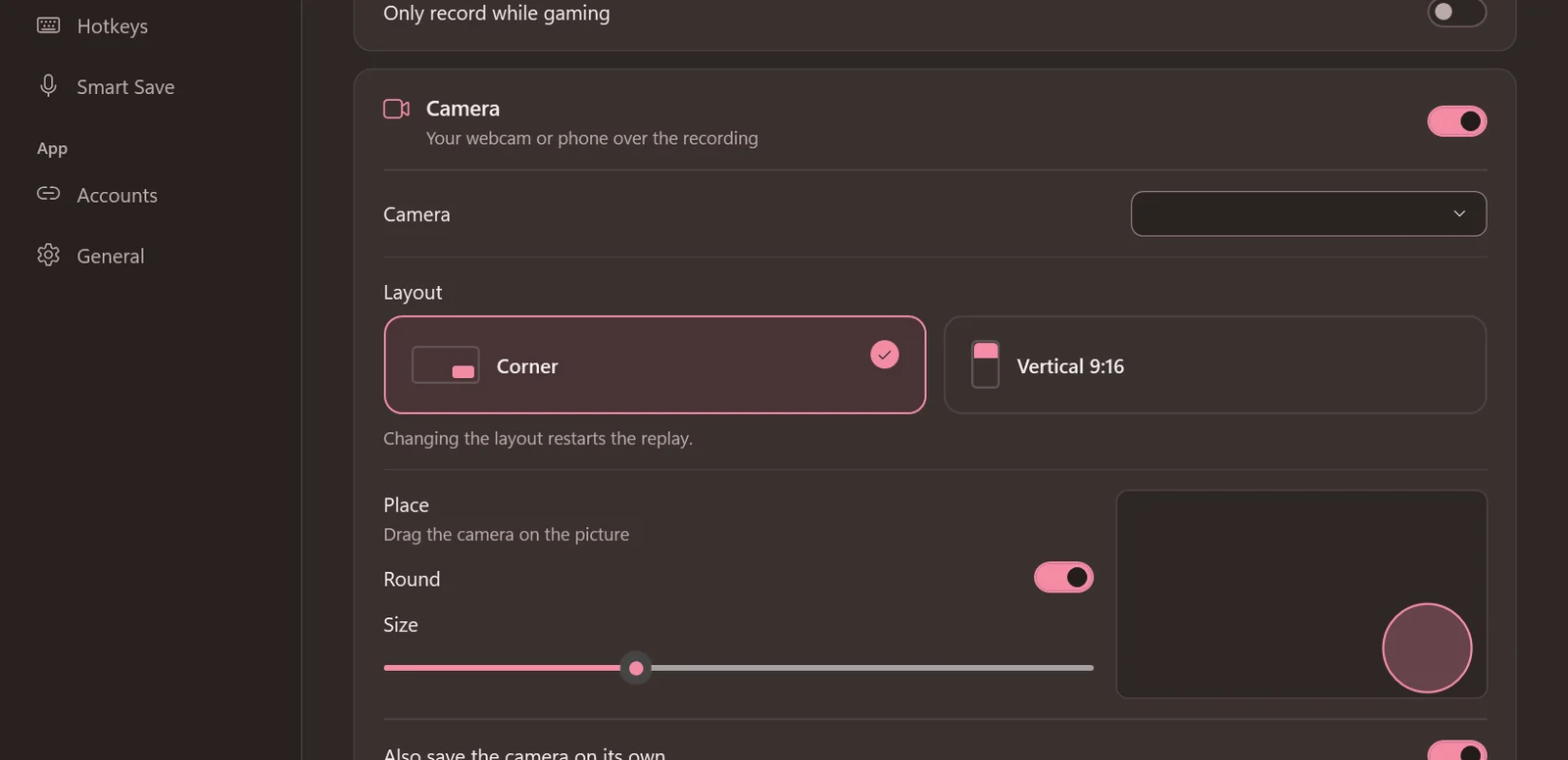 The Capture page with the camera in a corner