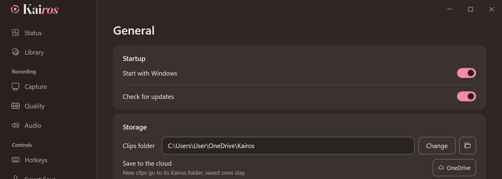 The General page with the cloud choice
