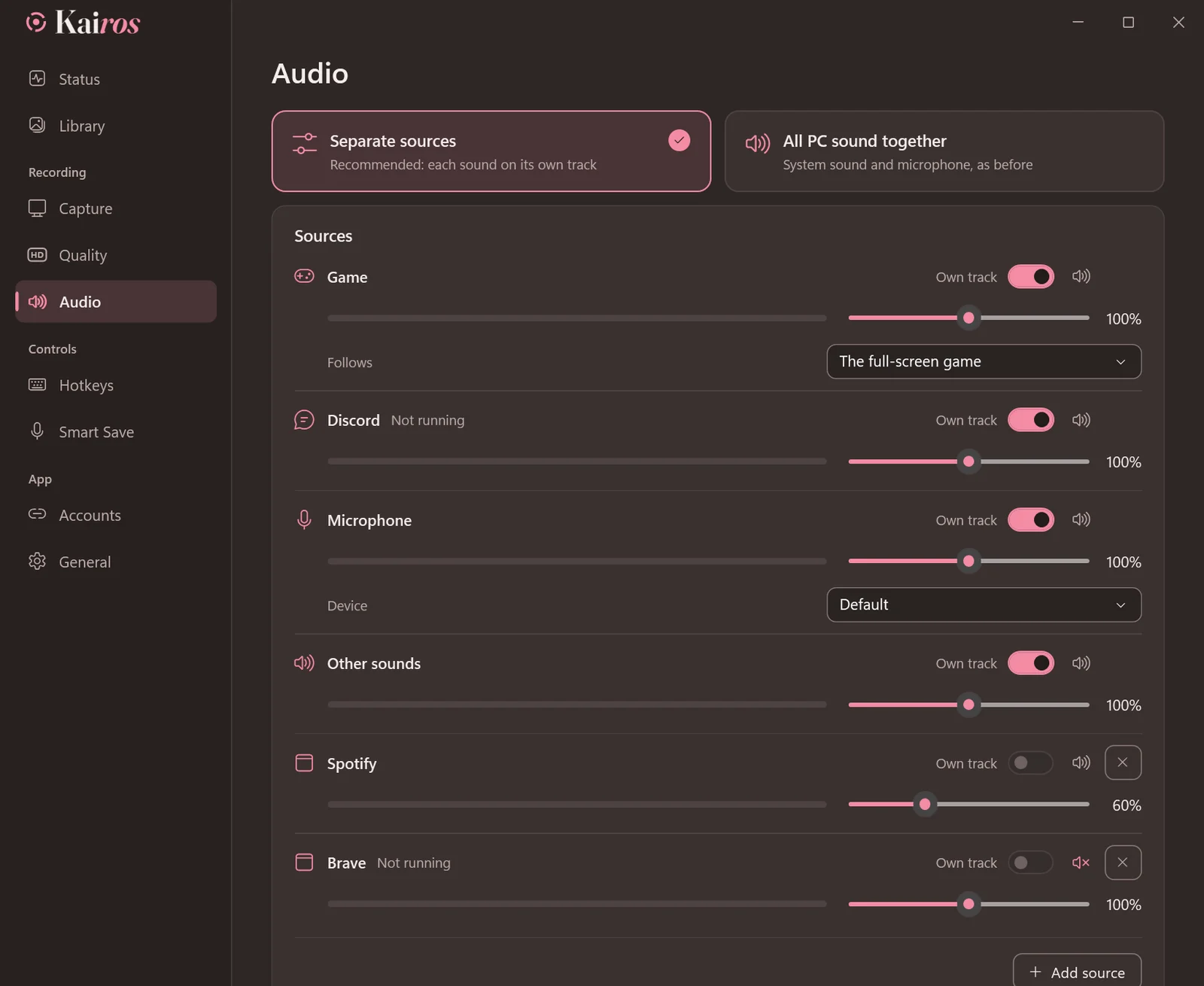 The Audio page with a row per sound source