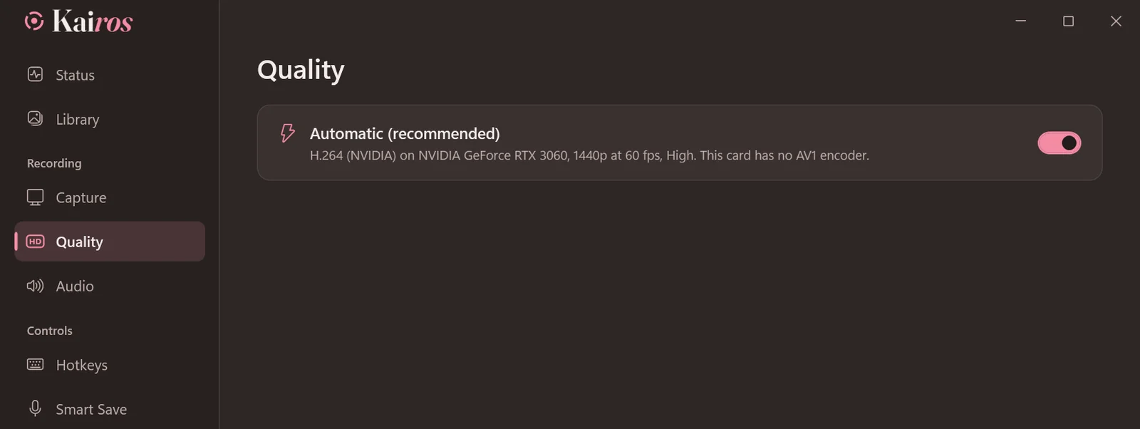 The Quality page set to Automatic